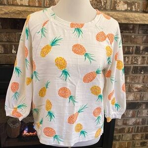 LOFT 100% cotton cropped sweatshirt top. Colorful pineapples print. 3/4 sleeves.